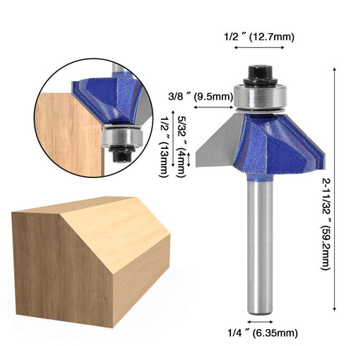 Yakamoz Industrial Grade 4Pcs Router Bit Set, 1/4 Inch Shank 45 Degree Chamfer with Top Bearing for Woodworking