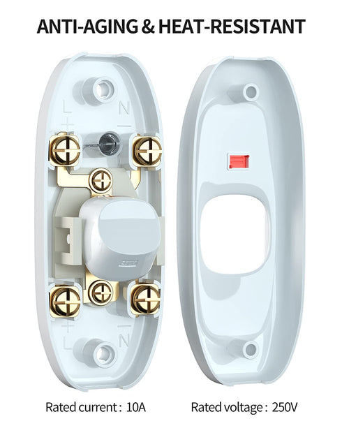2 Pack Appliance Switch On/Off Button, Table Lamp Desk Light In-line Cord Switch, 250V 10A, White