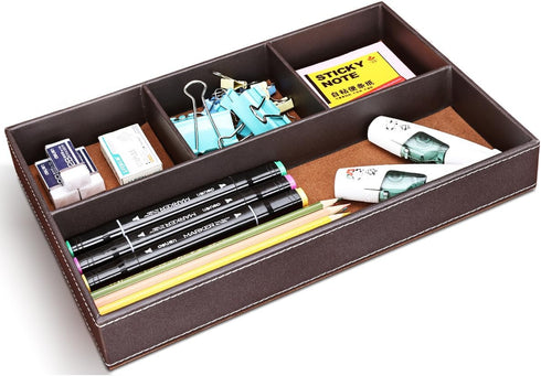 KINGFOM Pu Leather Desk Organizer Tray, 4 Compartment Office Storage Supplies Stationery Drawer Tray, Nightstand Bedside Tray for Key, Wallet, Watch, Coin, Phone Valet Tray Stackable by KINGFOM