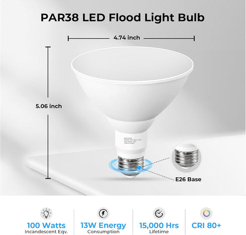 PAR38 Bulbs, 100W 1050LM, 5000K 13W Dimmable, E26 15,000 2 Pack GvvooHome LED Outdoor Flood Light Equivalent, Daylight