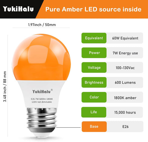 Bulbs, A15 1800K E26 600Lm, 60W Bulbs 4-Pack YukiHalu LED Amber Orange Light Equivalent Soft Warm Sleep Light