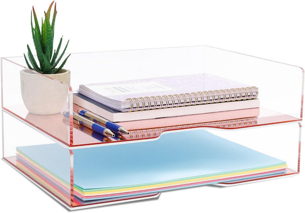 Rose Gold Mirror 2 Pack, Acrylic Stackable Letter Tray, Clear Paper Organizer for Office, Vanity, Desk Organization
