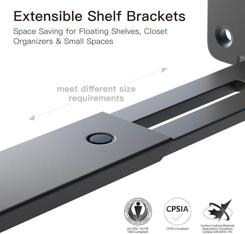 10/12/14 Inch 4-Pack ,1/5'' LEOPO Adjustable T Shelf Brackets Extensible Thick Heavy Duty Floating Brackets