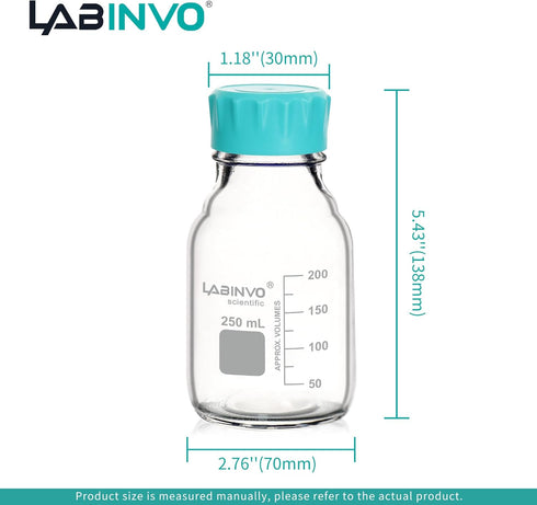 Glass Round Media Storage Bottles, 4pcs, 250ml Volume, Aqua Blue Color, with GL45 Polypropylene Screw Cap