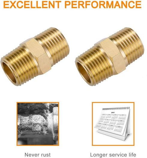 1/2" X 1/2" NPT Brass Nipple Pipe Fittings - Equal Adapter Union Male Threaded Connector, Pack of 2
