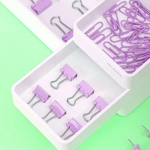 Purple Binder Clips and Paper Clips Push Pins Tacks Sets, Total 72 PCS Assorted Sizes Office Supplies Set for Women,