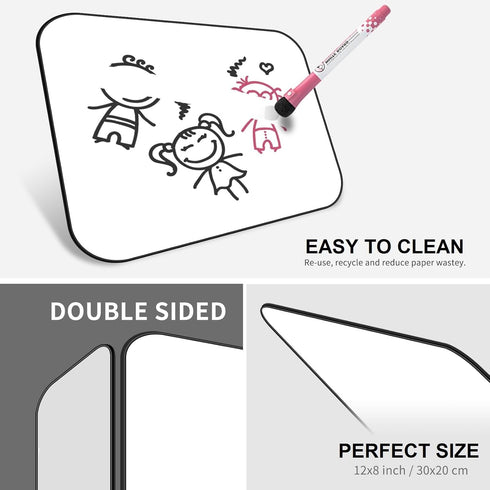 Small Portable Dry Erase White Board 12x8", Double Sided A4 Mini Marker Whiteboard for Kids Drawing Writing Student