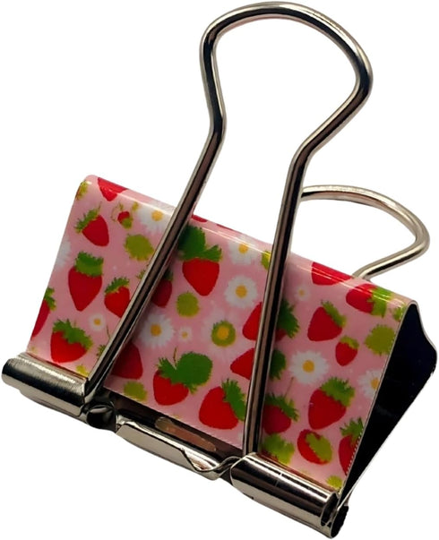 Fun Strawberry Print Binder Clips - 1 1/4"" Size, Set of 6, Red, Pink, Silver