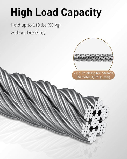 23 1/32" 110 lbs, Uniclife Picture Hanging Wire, Feet Picture Wire Kit with D-Ring Hangers, Stainless Steel Wire Rope