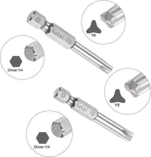Y4-Y8 Tri-point Screwdriver Bit Set, 1/4" Hex Shank, 2" Length Magnetic Y Type Power Tool