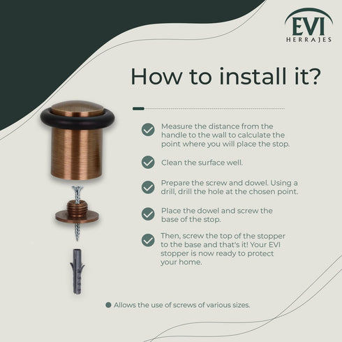 EVI Hardware Door Stop, Threaded Base, Natural Silicone Rubber, Brass, Includes Screw + Fixing Plug, Mod. I-108