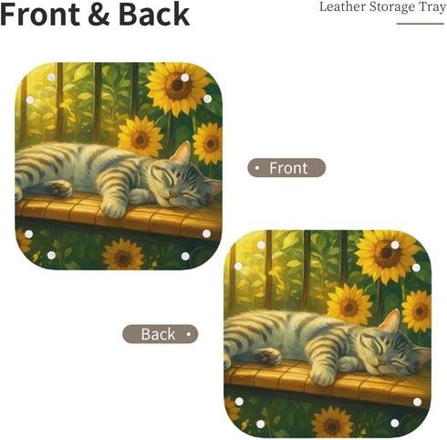 KKdskkds Sleeping Cat On Sunshie Bench Sunflowers Personalized Fun Leather Storage Tray Desktop Organizer Decorative