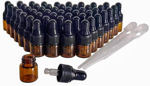 50 Pack 1ML Amber Glass Mini Dropper Bottles for Essential Oil Samples