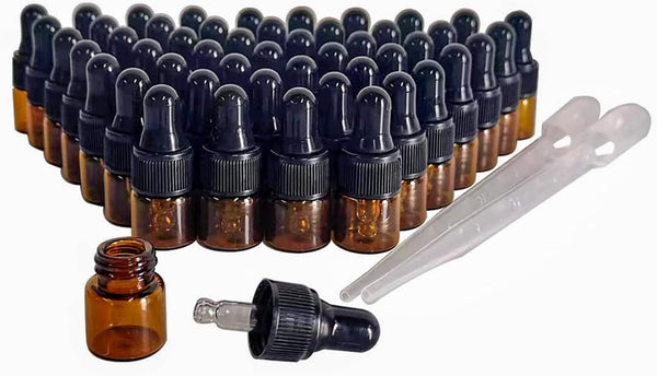 50 Pack 1ML Amber Glass Mini Dropper Bottles for Essential Oil Samples