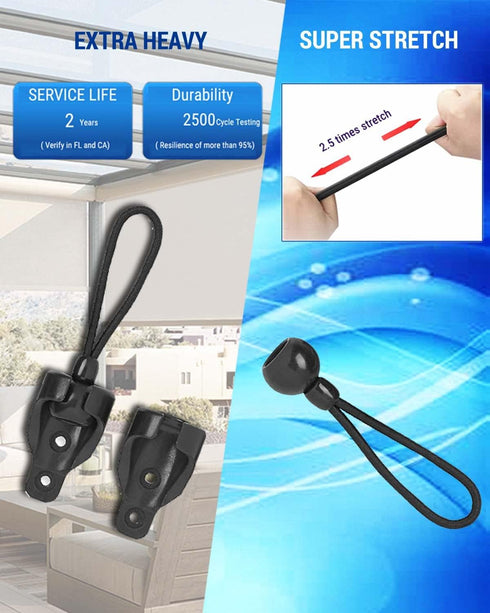 Bungee Kit and End Cap, Shade Tie Downs (2 Set, Black) Compatible with Coolaroo Outdoor Roller Sun Shade Replacement