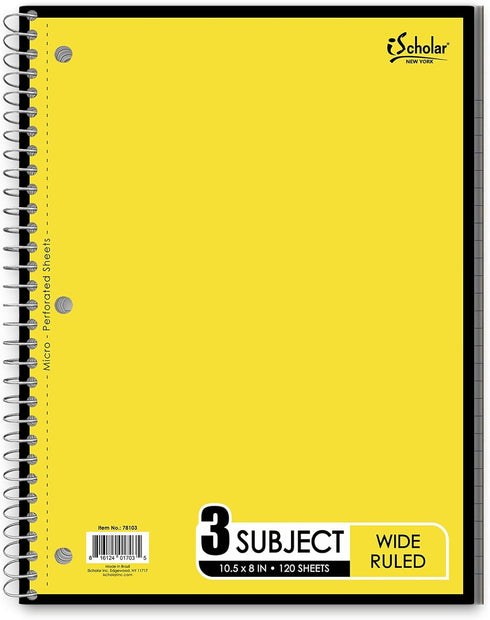 iScholar 3-Subject Wirebound Notebook, 120 Sheets, Wide Ruled, 10.5 x 8-Inches, Cover Color May Vary