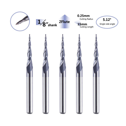 5Pcs 1/8 inch 0.25MM (0.5MM 3D SpeTool Tapered Ball Nose Carving End Mill Shank Radius Diameter) Tips Woodworking Tool