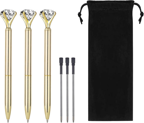 Diamond Pens Metal Ballpoint Pen - 3 Pack Fun Fancy Crystal Diamond Bling Rose Gold Pens for Women