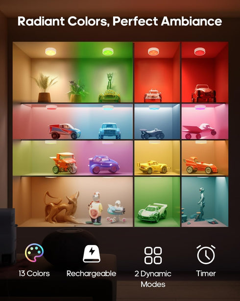 13 Dimmer Timer3 Pack GOODEA.fun Puck Lights with Remote, RGB Colors LED Under Cabinet Lights, Rechargeable Baterry