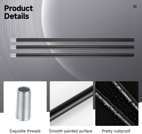 M10 10 12 Inches Lnrueg Matte Black Threaded Extension Rod, PCS Threaded Extension Rod for Pendant Light, Island