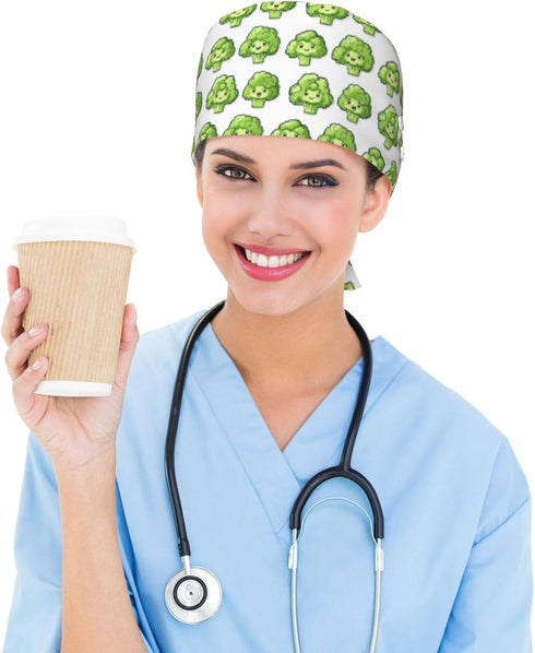 Nurse Scrub Cap Men Women with Buttons - Cute Broccoli Green Print Soft Comfy Surgical Cap, Adjustable Tie Back Scrub