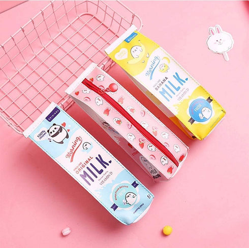 Kawaii Set of 3 Milk Carton Pencil Cases, Cosmetic Bag + 3 Carrot Gel Ink Pens