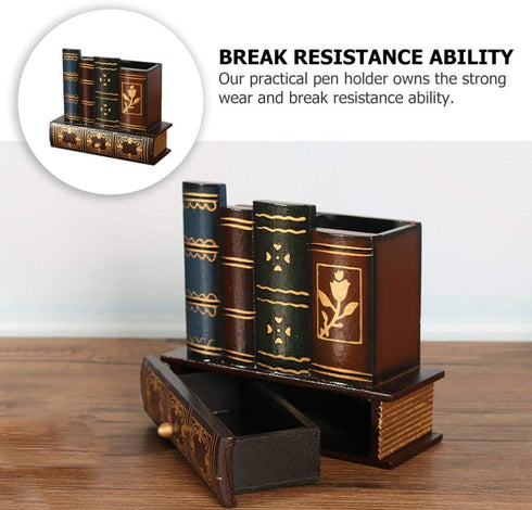 Kisangel False Book Box - Vintage Wooden Pen Pencil Storage Holder, Antique Classic Fake Book 15x13.5cm with Drawer for