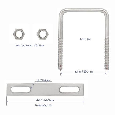 304 Stainless Steel Square U-Bolts, 5.91"(150mm) Inner Width, 7.87"(200mm) Length with Nuts for Trailer Accessories.