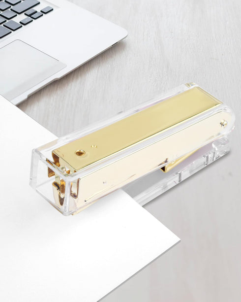 Clear Acrylic Stapler, Elegant Modern Desktop Stapler, Office Accessory for Home, School, or Office (Golden)