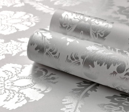 8359 Silver Damask Peel and Stick Wallpaper 17.7 in 9.8ft, Removable Self Adhesive Vinyl Film for Home Decor