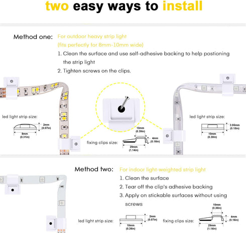100 8mm 10mm Pcs Outdoor LED Strip Light Mounting Clips Self Adhesive with Screws Mounting Holder, Cable Wires