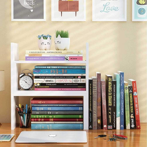 Expandable Wood Desktop Bookshelf - Adjustable Office Storage Rack, Display Shelf for Supplies