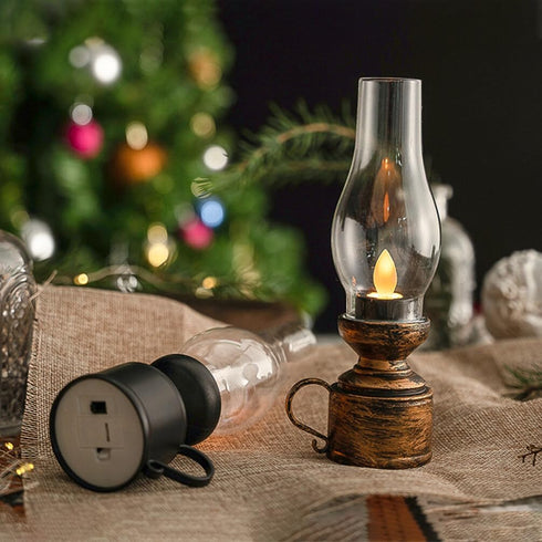 Zerodeko Kerosene Lamp Vintage Flameless Table Lamp Led Kerosene Lantern Clear Hurricane Lamp Battery Operated Nightstand for Bedroom Living Room Black