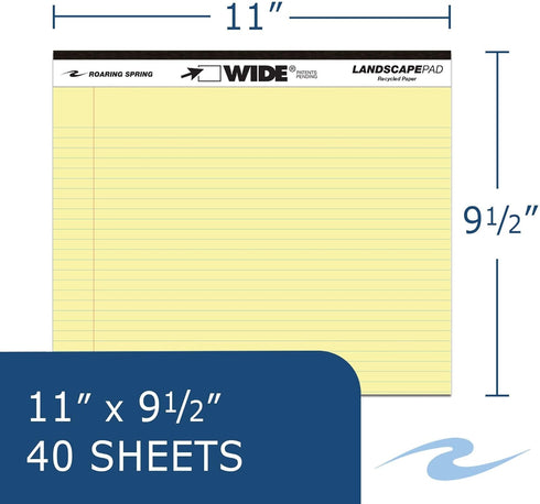 Roaring Spring Wide Recycled Landscape Legal Pads, College Rule, 11" x 9.5", 40 Sheets, Canary, 2 Pack, Made in USA by ROARING SPRING
