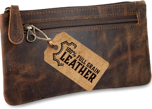 Moonster Leather Pencil Case Pouch, 8" x 4" - Leather Pen Case with Zipper Closure