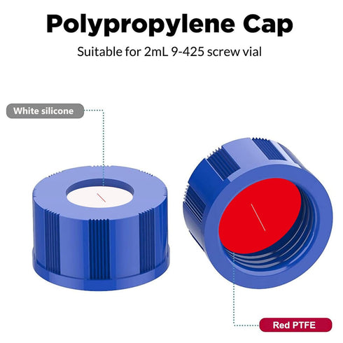 200PCS 2ml HPLC Autosampler Vial Caps, 9mm Blue 9-425 Ribbed Screw Caps with Red PTFE & White Silicone Liner, Pre-Slit.