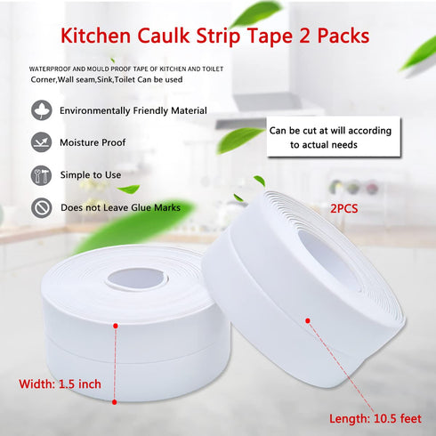 2 Pack Caulk Tape, Self-Adhesive Bathroom Corner Sealing Tape for Kitchen Sink, Toilet, Bathtub (1.5 inch x 10.5 feet)