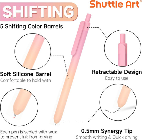 Shuttle Art Retractable Pastel Shifting Gel Ink Pens, 15 Pack Black Ink Pens, Cute Pens 0.5mm Fine Point Soft Aesthetic Barrel for Smooth Writing Journaling Taking Notes School Office Home by Shuttle Art