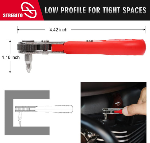 STREBITO Right Angle Screwdriver Low Profile 26 Piece Ratchet Set, Mini 1/4 Bit Tool for Tight Spaces