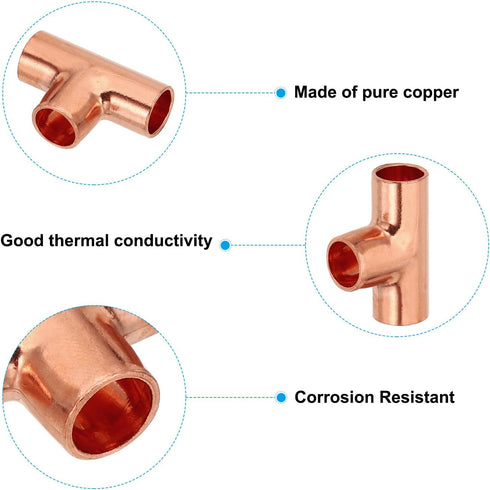 PATIKIL 1 1/8" ID 1mm Thick Tee Copper Fitting, 2pcs 3 Way Pure Copper Pipe Connector for Plumbing