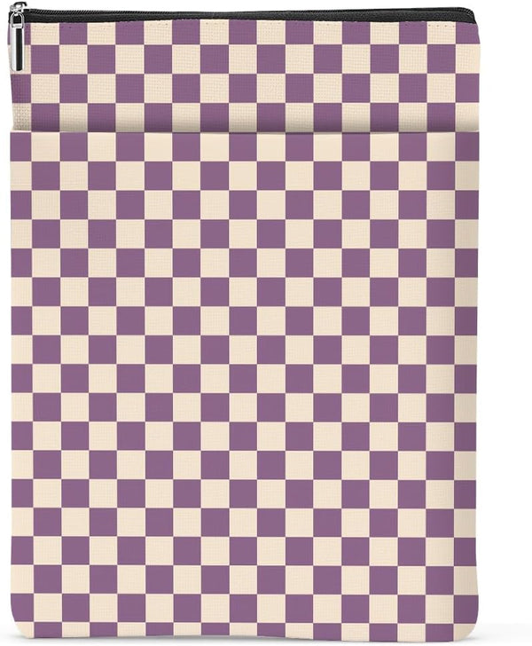 Purple Plaid Book Sleeve, Vintage Checkered Waterproof Book Cover with Front Pocket for Book Lovers Gifts for Women