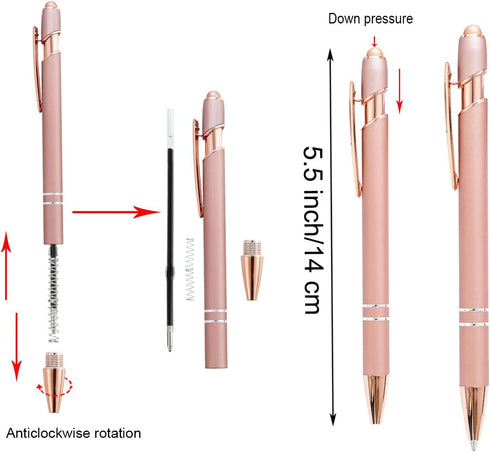 PASISIBICK 12 Pieces Rose Gold Ballpoint Pen with Stylus Tip, 2 in 1 Stylish Metal Pens for Touch Screens, 1.0 mm Black