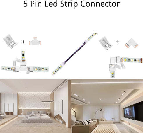 LED Strip Connector Kit, 5 Pin 10mm Includes L Shape and T Shape for 5050 RGBW Led Strip Lights