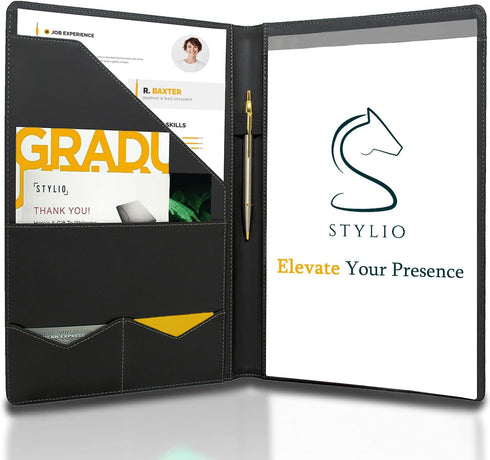 STYLIO Padfolio Portfolio Organizer Binder - Interview Resume Folder, Legal Document Holder, Faux Leather