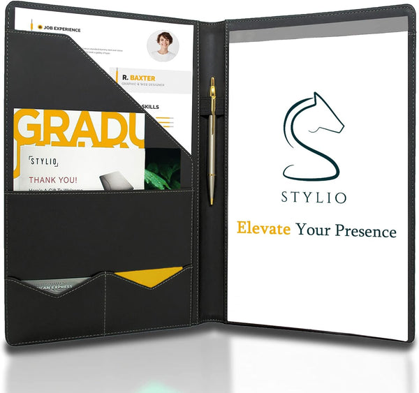 STYLIO Padfolio Portfolio Organizer Binder - Interview Resume Folder, Legal Document Holder, Faux Leather