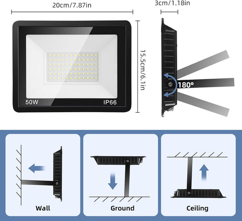 50W Outdoor,8000LM Light,IP66 6.5FT Cord,6500K Flood Lights Bright LED Work Waterproof Security Outside Lights for Yard
