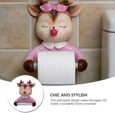 Ciieeo Wall-Mounted Toilet Paper Holder Cartoon Deer Tissue Rack Creative Bathroom Storage Rack No Drilling Pink Cute