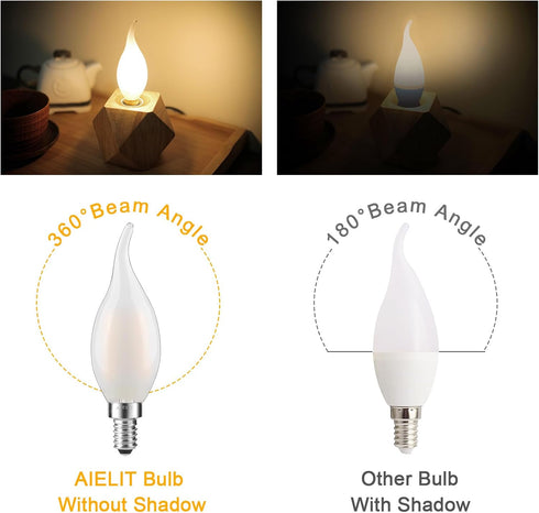 E12 Bulb, 2 Watt(25W 2700K, Dimmable CA10 Bulbs 4-Pack Frosted LED Candelabra Equivalent), Soft Warm Flame Tip LED