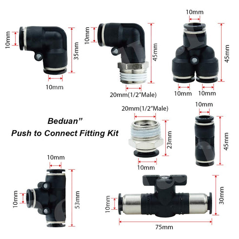 Beduan Pneumatic Push to Connect Fittings Kit Air Line Quick Fittings 2 PL+2 Elbow+2 Tee+2 Y Type+1 Union Ball Valve +2 Male Straight+2 Male Elbow 10mm Tube OD x 1/2 inch NPT (13 Pcs)