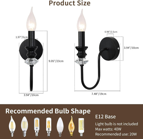 1-Light Black Wall Sconce, Farmhouse Vintage Candle Sconces Wall Light Fixtures for Living Room, Crystal Industrial